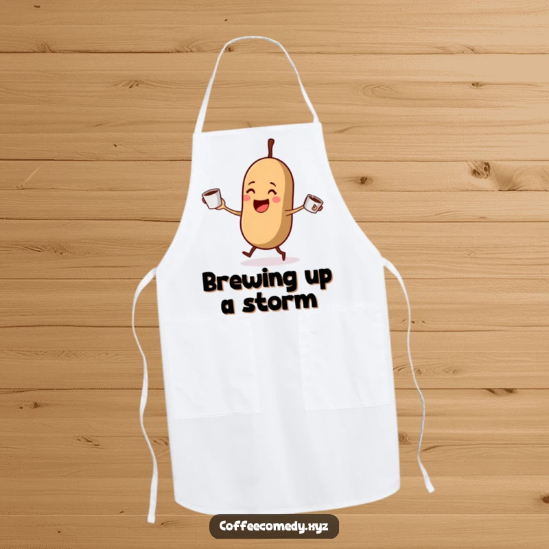 Funny Kawaii coffee bean juggling steaming coffee cups while wearing an apron. A humorous and functional cooking accessory.