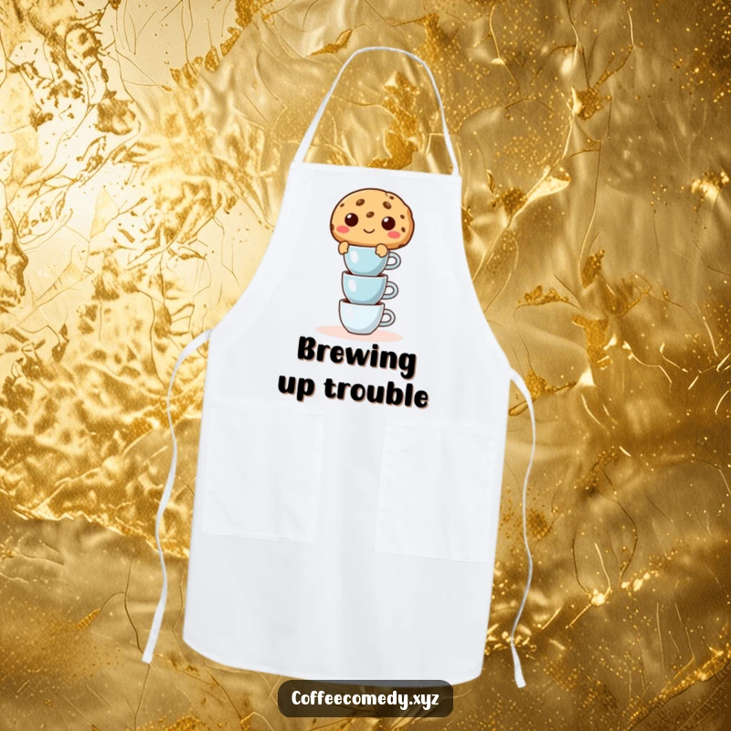 Funny apron featuring a mischievous cookie character balancing a stack of miniature espresso cups, ideal for coffee shops.