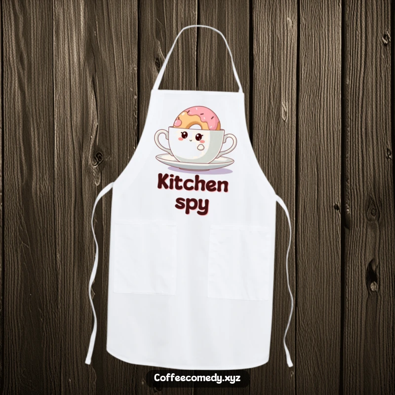 Funny Kawaii Doughnut Apron: A curious doughnut character peeking from behind a teacup, perfect for adding humor to baking.