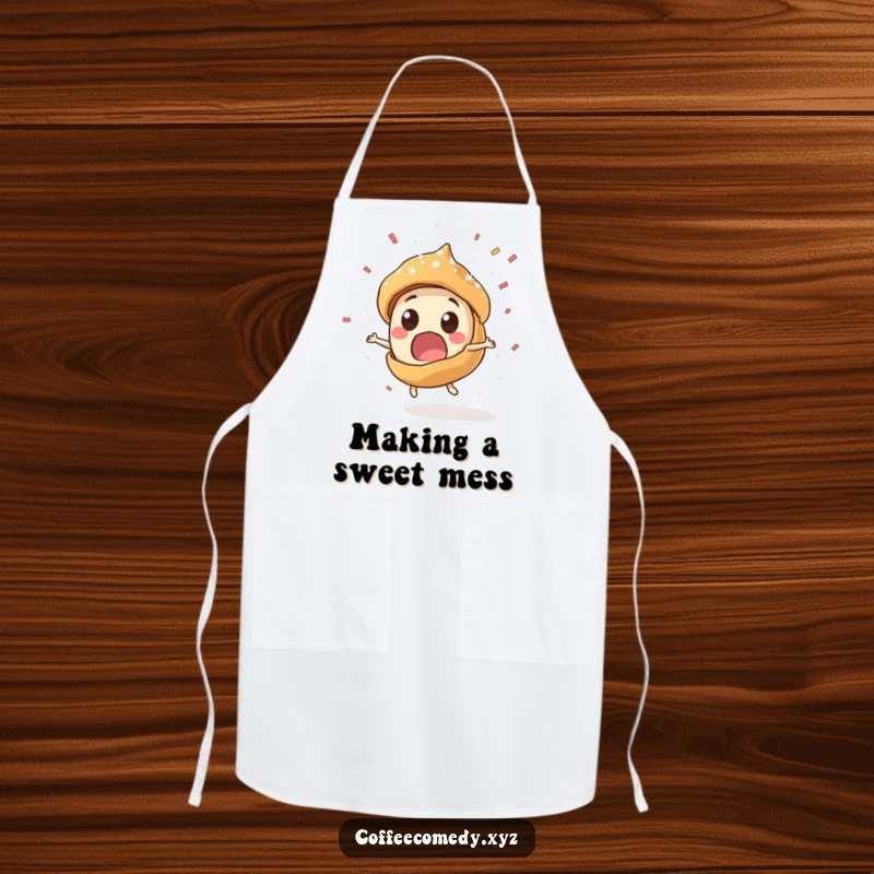 Funny Kawaii pastry character spinning rapidly, spilling powdered sugar while wearing an apron. A humorous and functional cooking accessory.