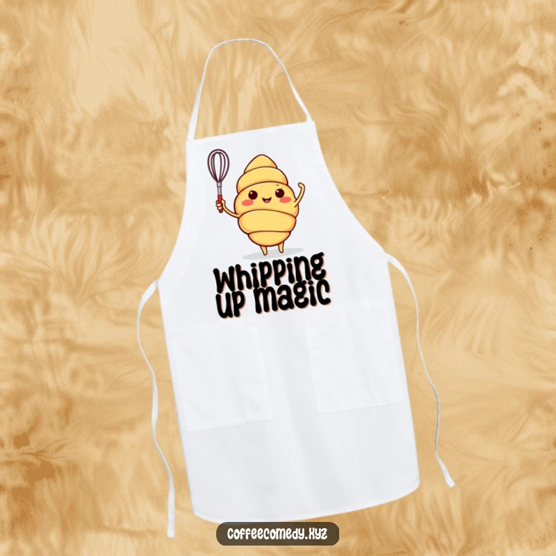 Funny apron showing a happy croissant character waving a tiny whisk, perfect for kitchen adventures and baking sessions.