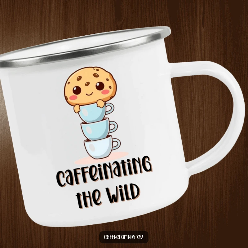 Funny camping mug with a mischievous cookie character balancing tiny espresso cups, sturdy for outdoor coffee breaks.