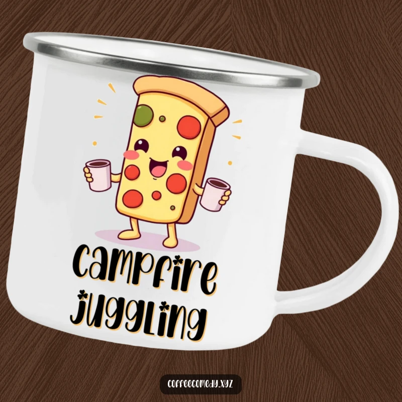 Funny Kawaii Pizza Camping Mug: A playful pizza character juggling coffee mugs, perfect for camp coffee and outdoor fun.