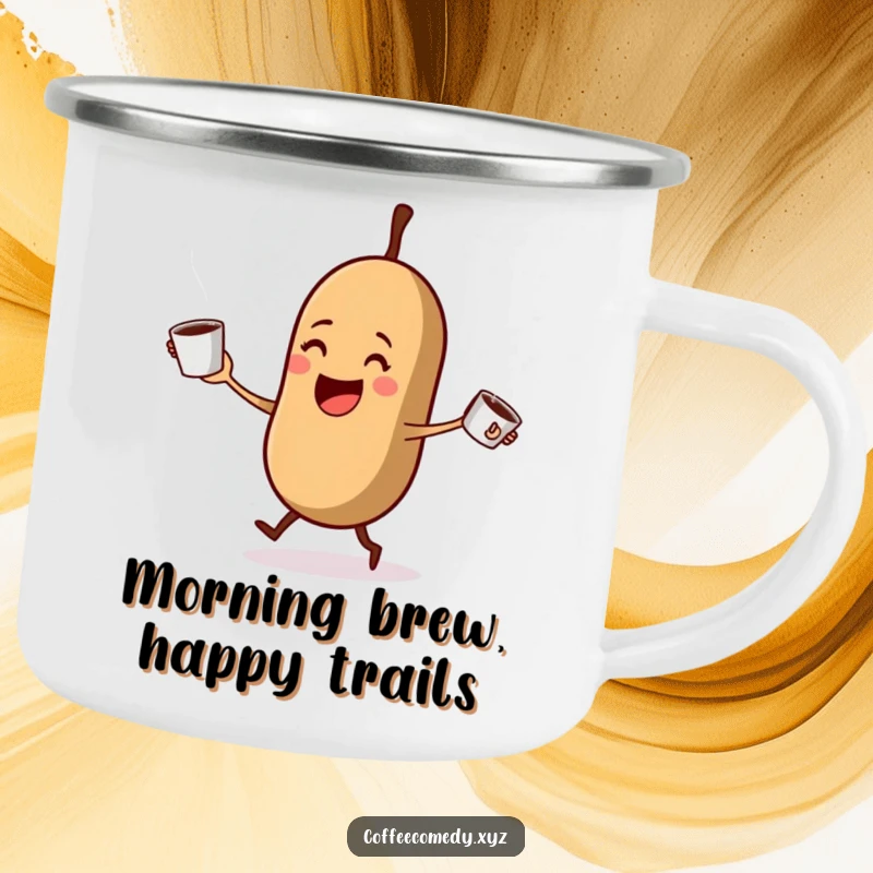 Funny Kawaii coffee bean juggling steaming coffee cups on a camping mug. A humorous and durable companion for outdoor coffee lovers.