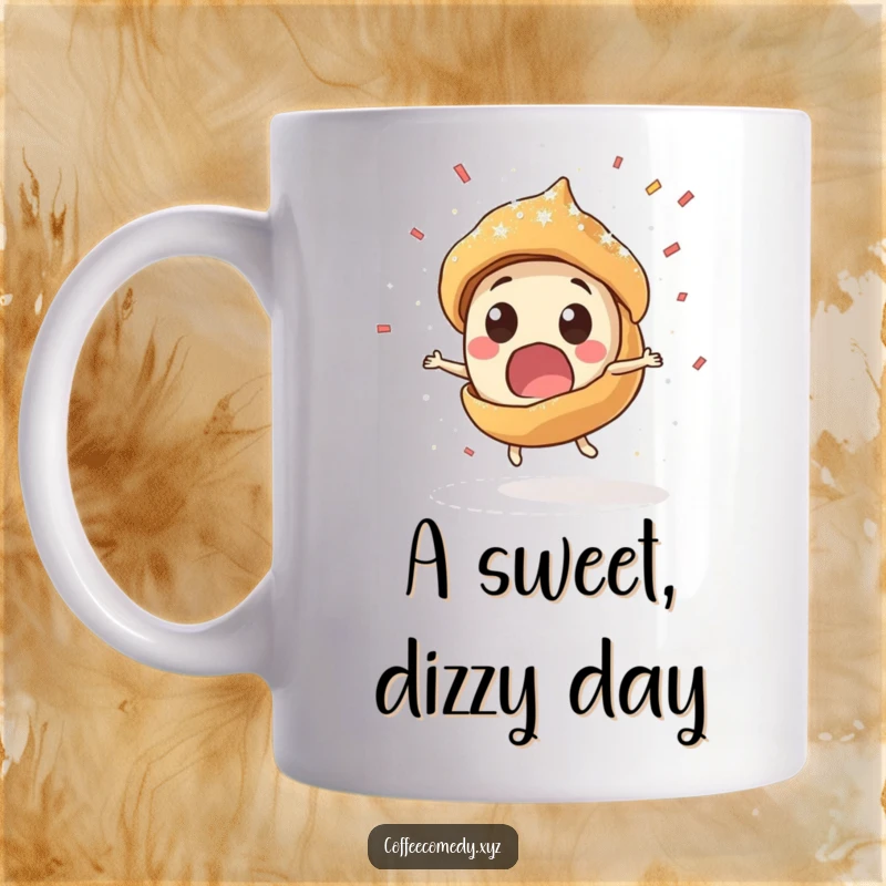 Funny Kawaii pastry character spinning rapidly, spilling powdered sugar like confetti. A humorous and delightful mug design.