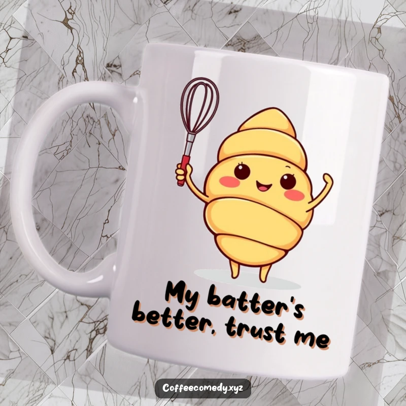 Funny croissant mug with a cheerful character gleefully waving a small whisk, embodying baking enthusiasm and morning fun.