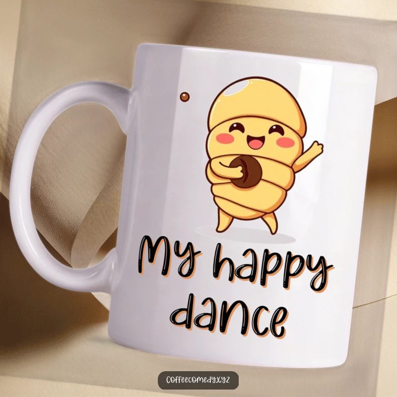Funny Kawaii Croissant Mug: A joyful character dancing with a coffee bean, celebrating morning energy and baked goods humor.