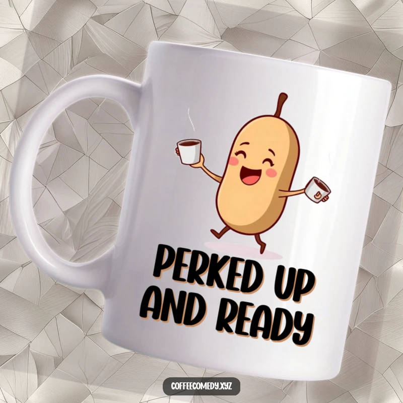 Funny Kawaii coffee bean character juggling steaming coffee cups, looking delighted. A humorous and energetic mug design.