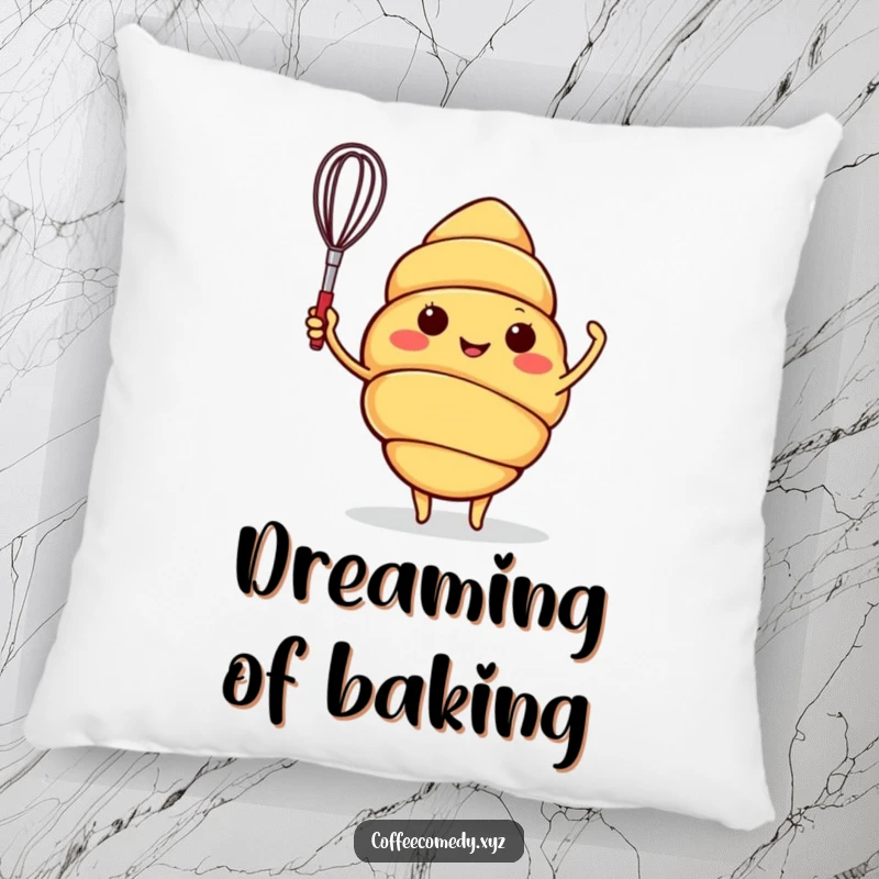 Funny pillow with a cute croissant character waving a small whisk, offering comfort and a touch of baking humor.