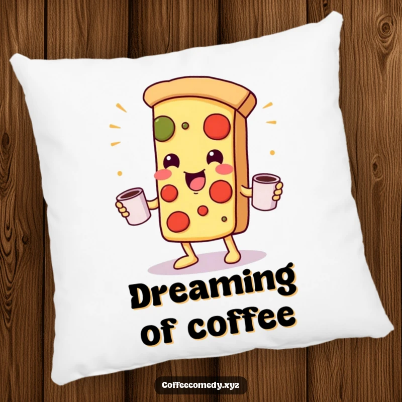 Funny Kawaii Pizza Pillow: A soft pillow with a playful pizza character juggling coffee mugs, perfect for cozy moments.