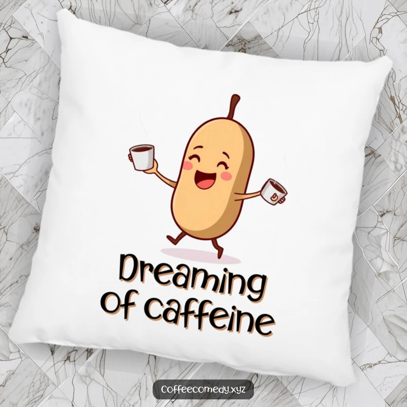 Funny Kawaii coffee bean juggling steaming coffee cups, featured on a plush pillow. A humorous and comforting home accessory.