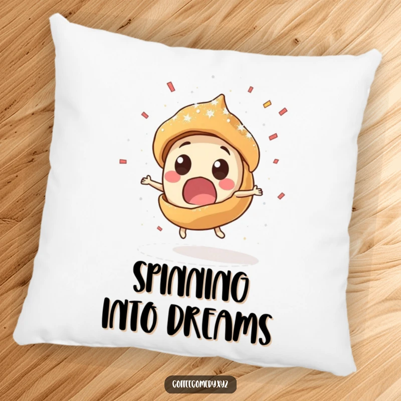 Funny Kawaii pastry character spinning rapidly, spilling powdered sugar, featured on a plush pillow. A humorous and comforting home accessory.