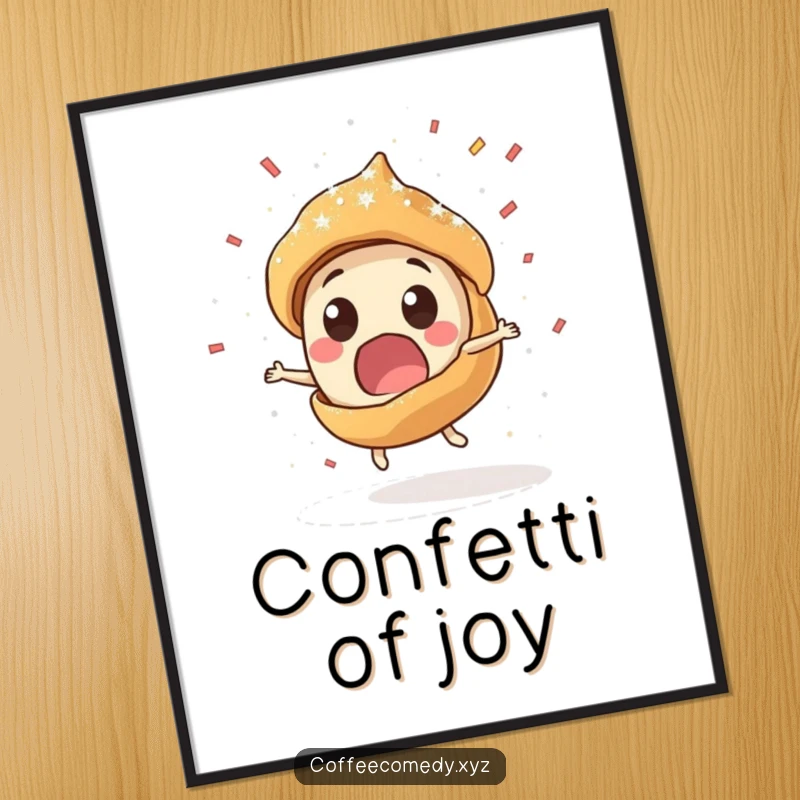 Funny Kawaii pastry character spinning rapidly, spilling powdered sugar like confetti in vibrant digital art. A humorous and delightful printable.