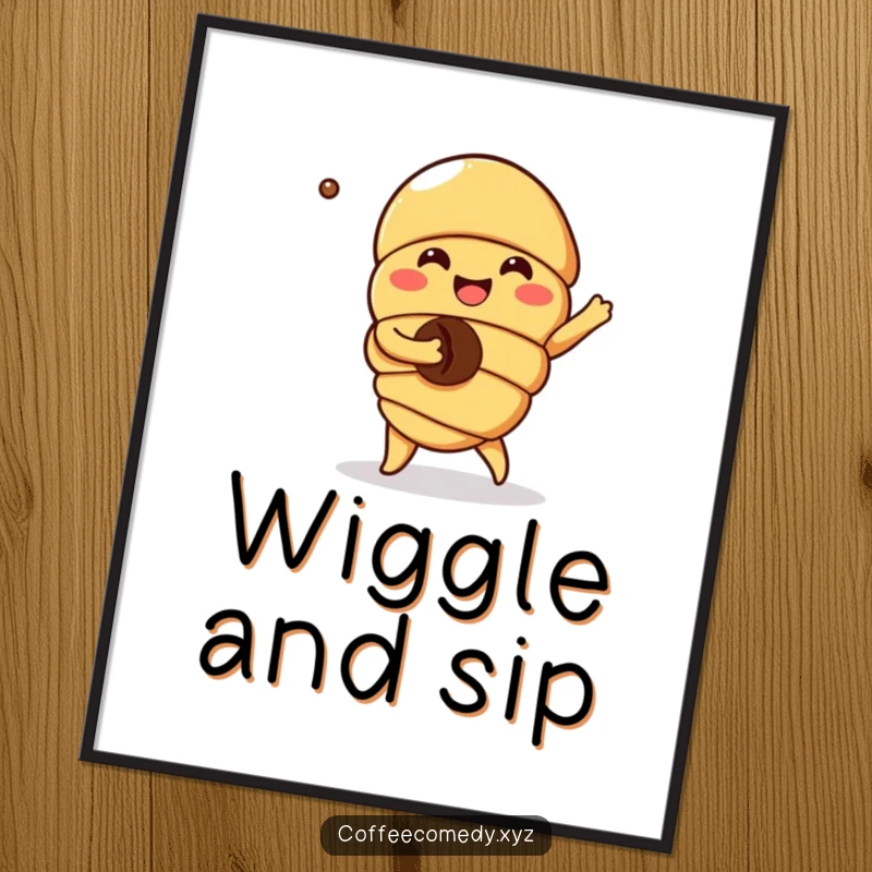 Funny Kawaii Croissant Digital Art Print: A joyful character dancing with a coffee bean, perfect for vibrant and humorous kitchen art.