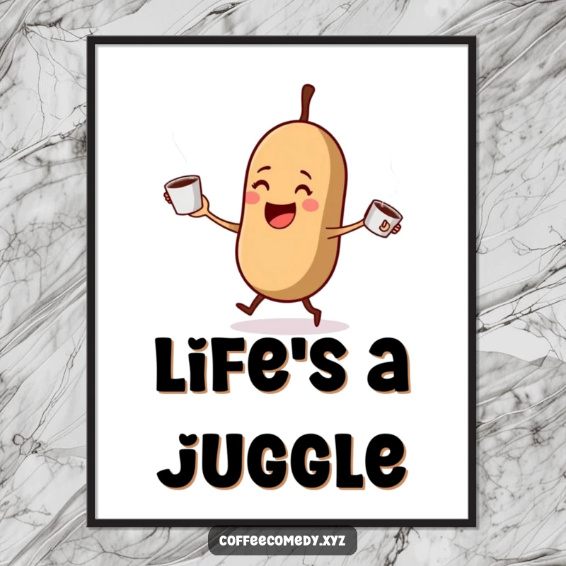 Funny Kawaii coffee bean character joyfully juggling three tiny, steaming coffee cups in vibrant digital art. A humorous and energetic printable.