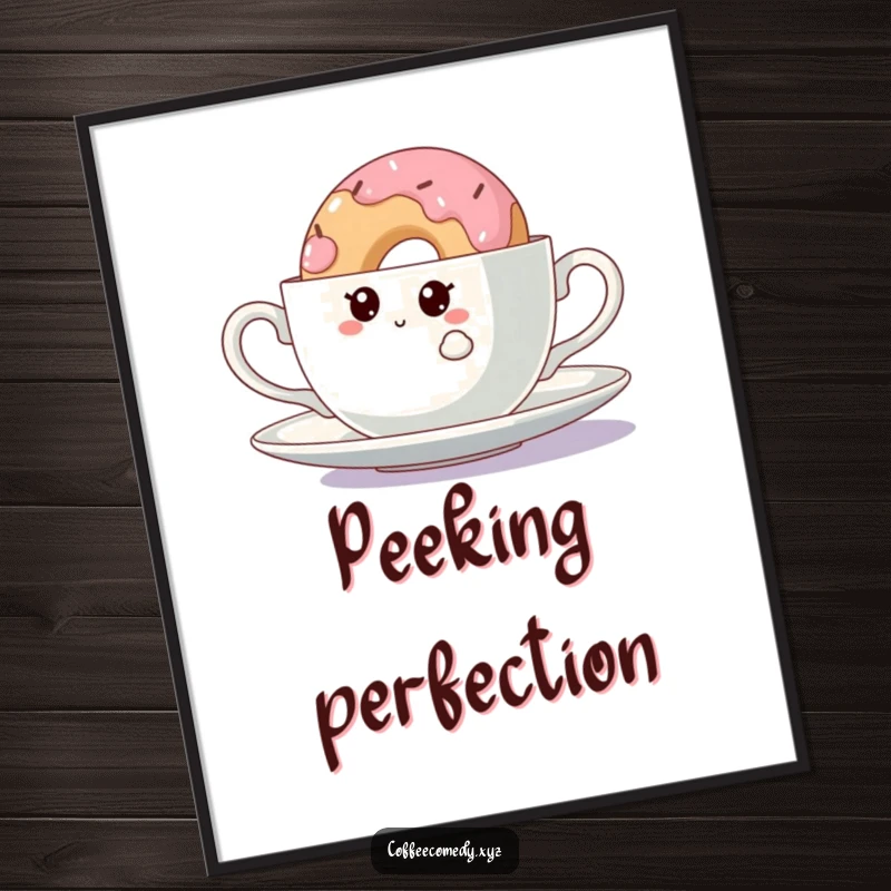 Funny Kawaii Doughnut Digital Art Print: A curious doughnut character peeking from behind a teacup, perfect for whimsical and humorous wall art.