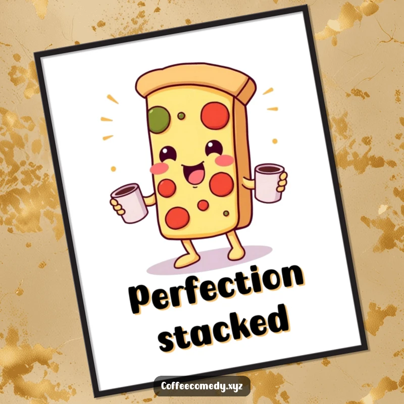 Funny Kawaii Pizza Digital Art Print: A playful pizza character juggling coffee mugs, perfect for vibrant and humorous wall art.