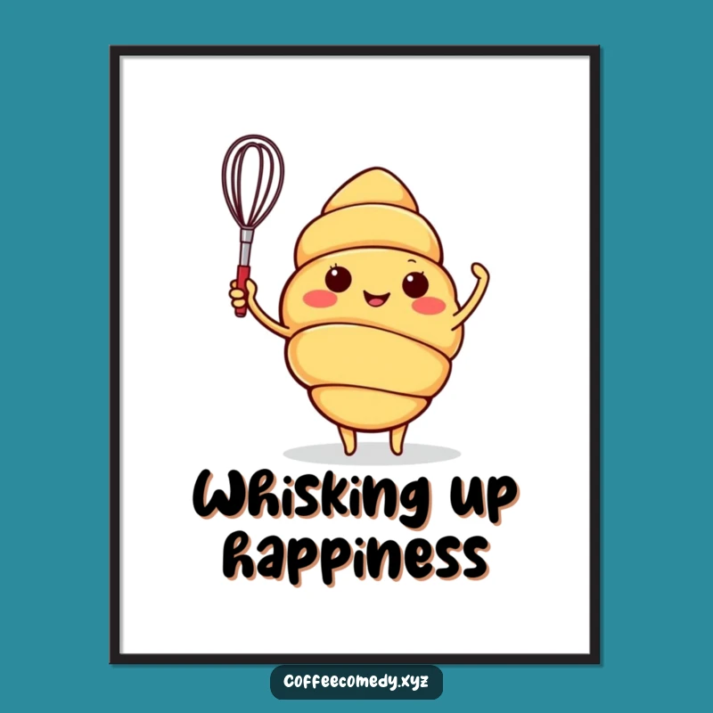 Funny Croissant Digital Art: Cheerful Waving Baker Character Print, Instant Funny Gift