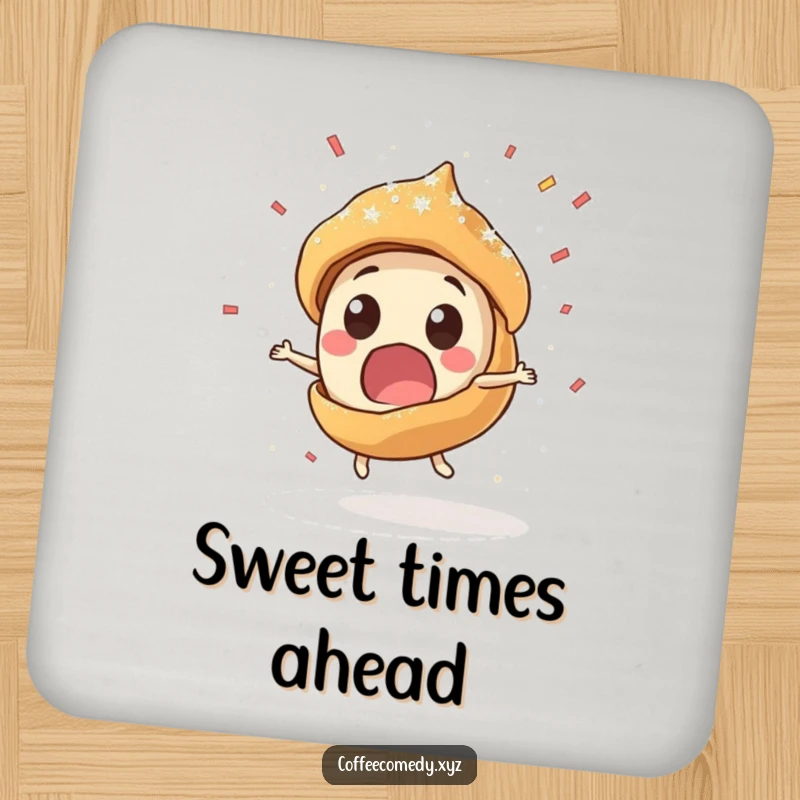 Funny Kawaii pastry character spinning rapidly, spilling powdered sugar on a drink coaster. A humorous and protective accessory.