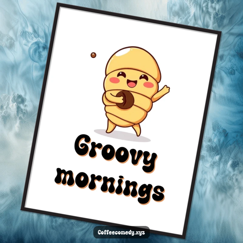 Funny Kawaii Croissant Poster: A joyful character dancing with a coffee bean, adding breakfast-themed humor and art to walls.