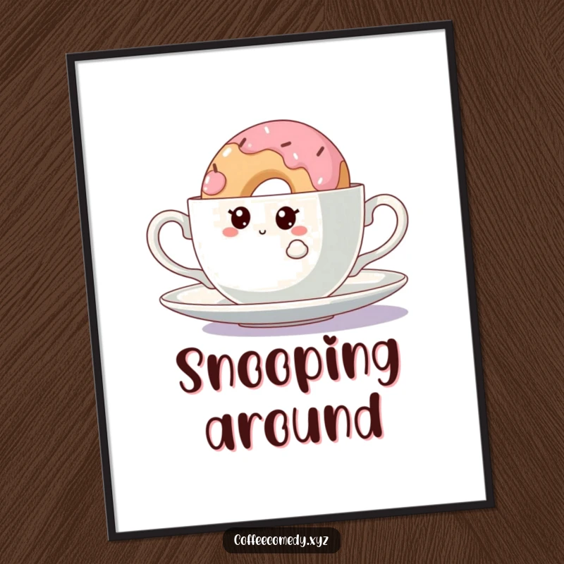 Funny Kawaii Doughnut Poster: A curious character peeking from behind a teacup, adding whimsical and humorous art to any wall.