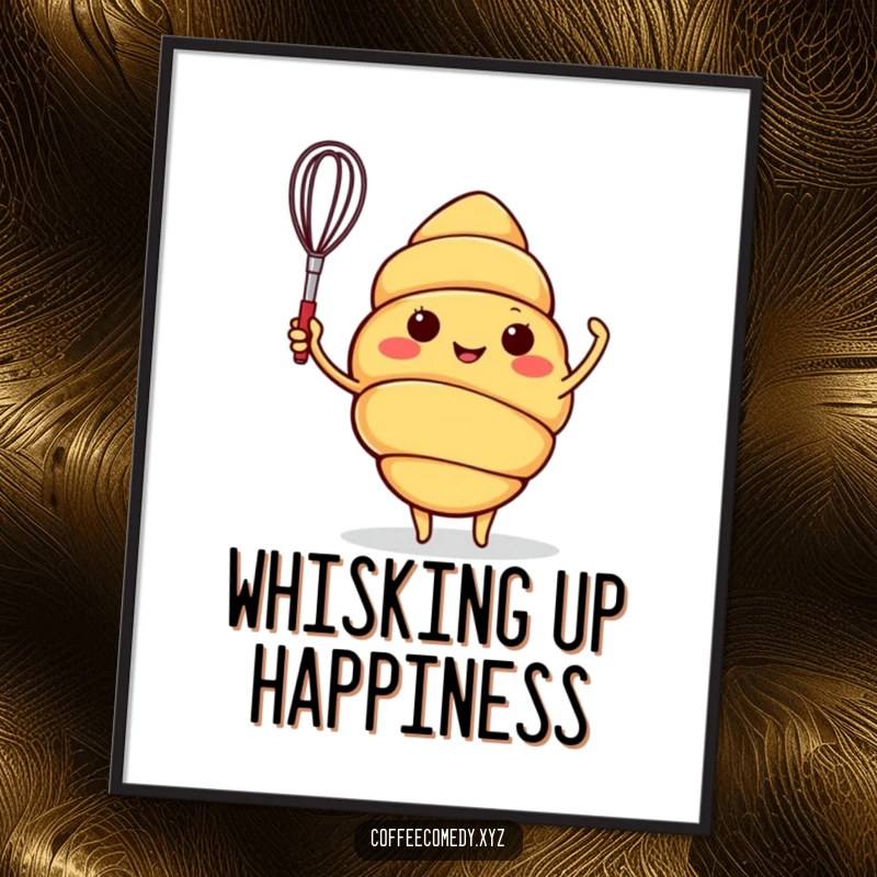 Funny poster art of a joyful croissant character excitedly waving a miniature whisk, bringing baking cheer to any room.