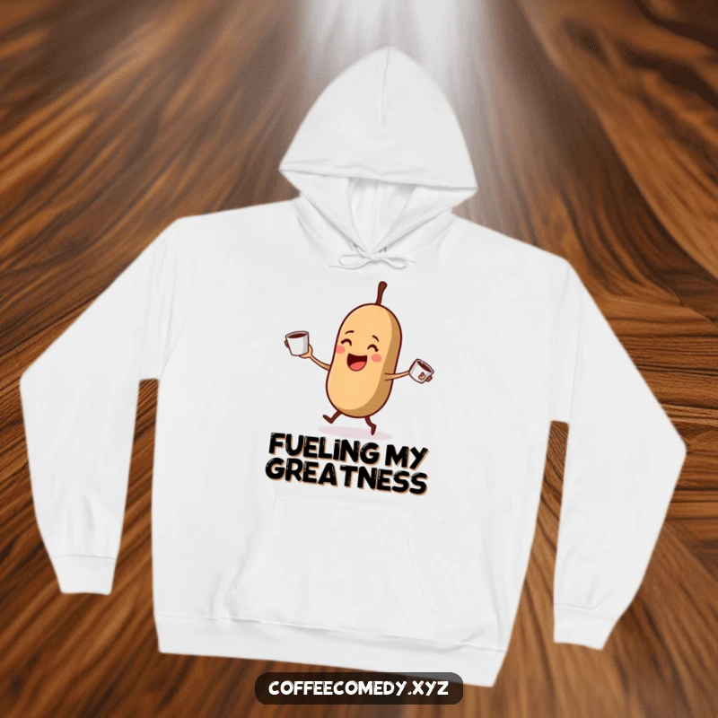 Funny Kawaii coffee bean juggling steaming coffee cups, featured on a cozy hoodie. A humorous and warm apparel choice.