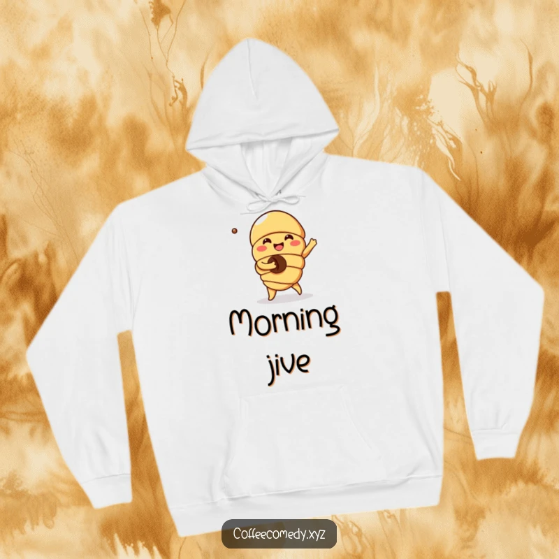 Funny Kawaii Croissant Hoodie: A cozy hoodie depicting a joyful croissant character dancing with a coffee bean, perfect for comfort.