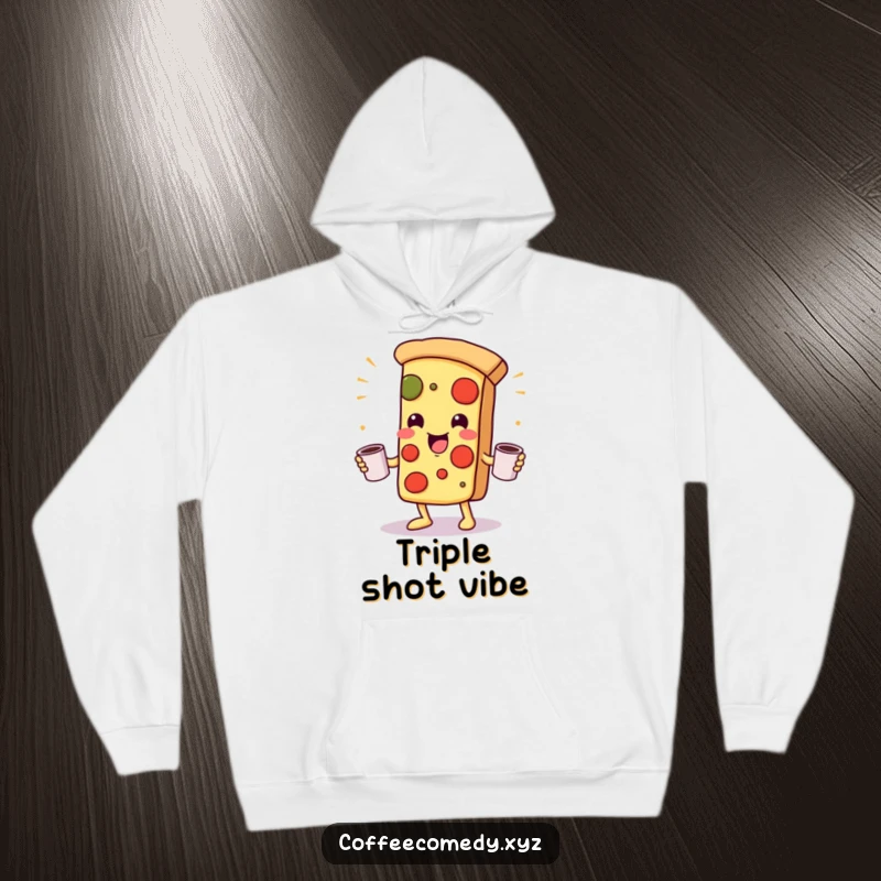 Funny Kawaii Pizza Hoodie: A cozy hoodie with a playful pizza character juggling coffee mugs, perfect for comfort and fun.