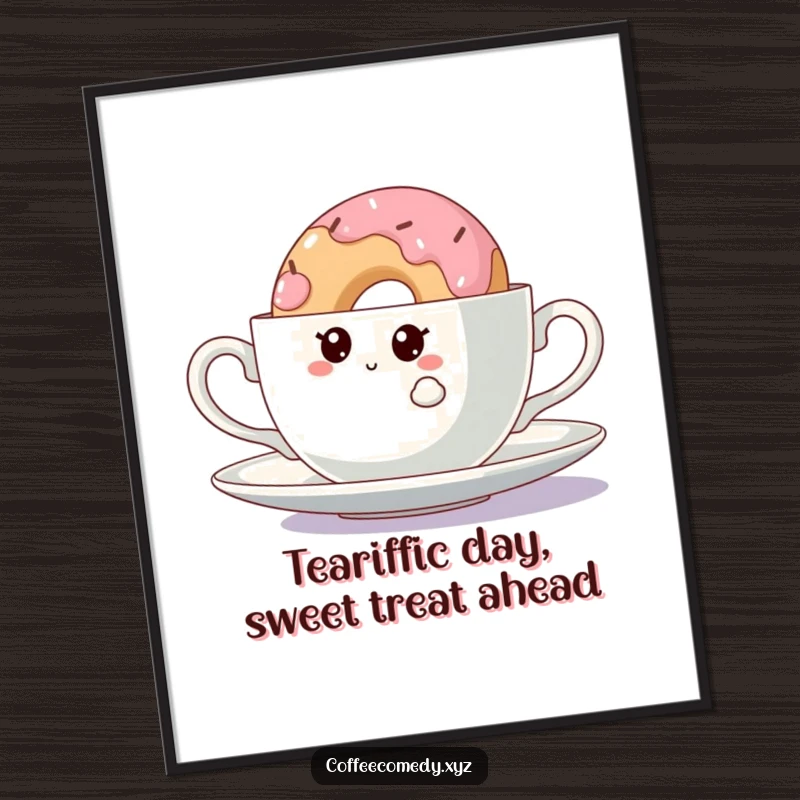 Funny Free Printable Kawaii doughnut wall art peeking from behind a teacup, adding a touch of sweet, curious humor to any decor, downloadable.