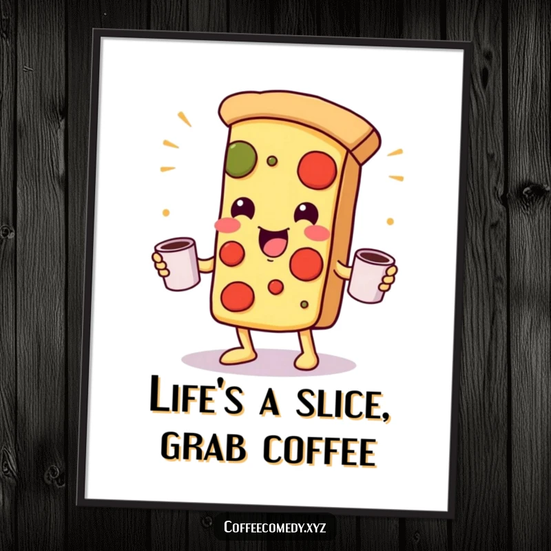 Funny Free Printable Kawaii pizza wall art juggling coffee mugs, adding playful, energetic humor and personality to any room, downloadable.