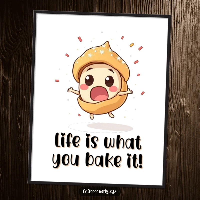Funny free printable wall art: A surprised pastry character spinning rapidly, creating a confetti-like explosion of powdered sugar.