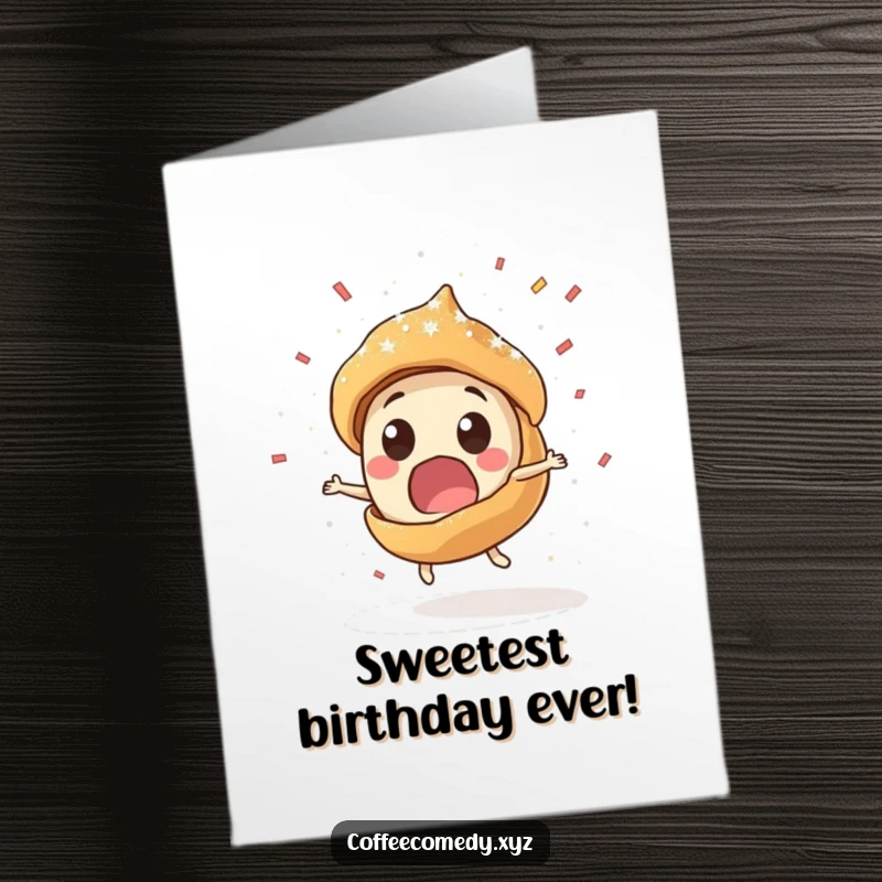 Funny free printable birthday card: A surprised pastry character spinning wildly, showering powdered sugar like confetti for your birthday.