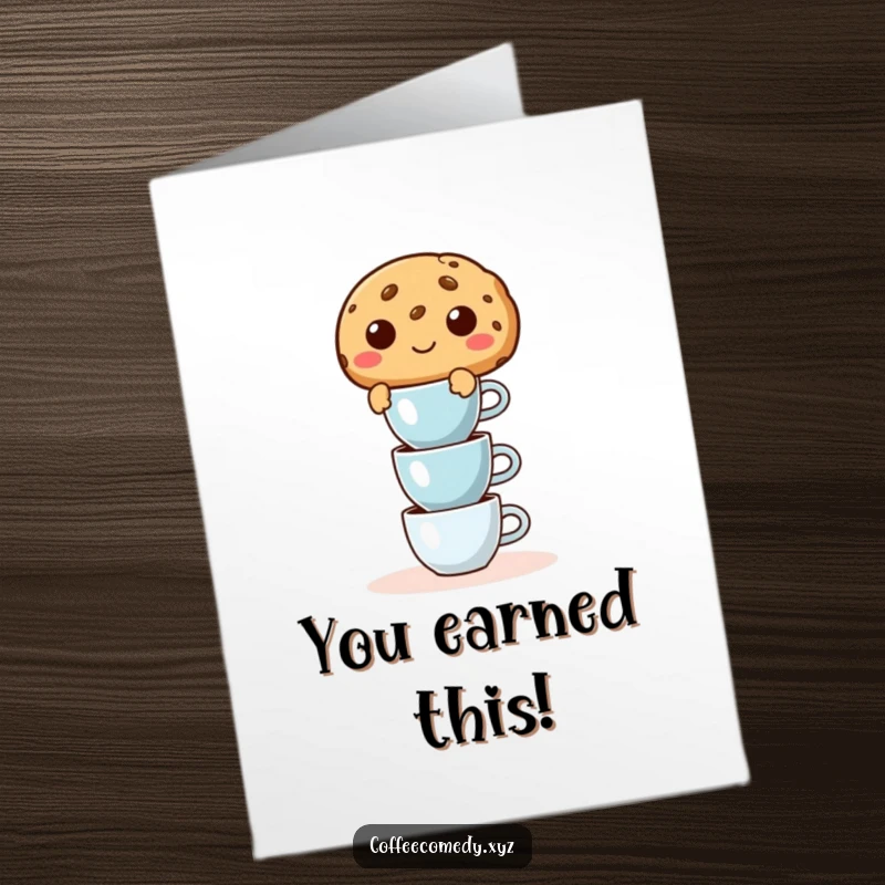 Funny Free Printable Congratulations Card: A mischievous cookie character balances espresso cups, celebrating a daring accomplishment.