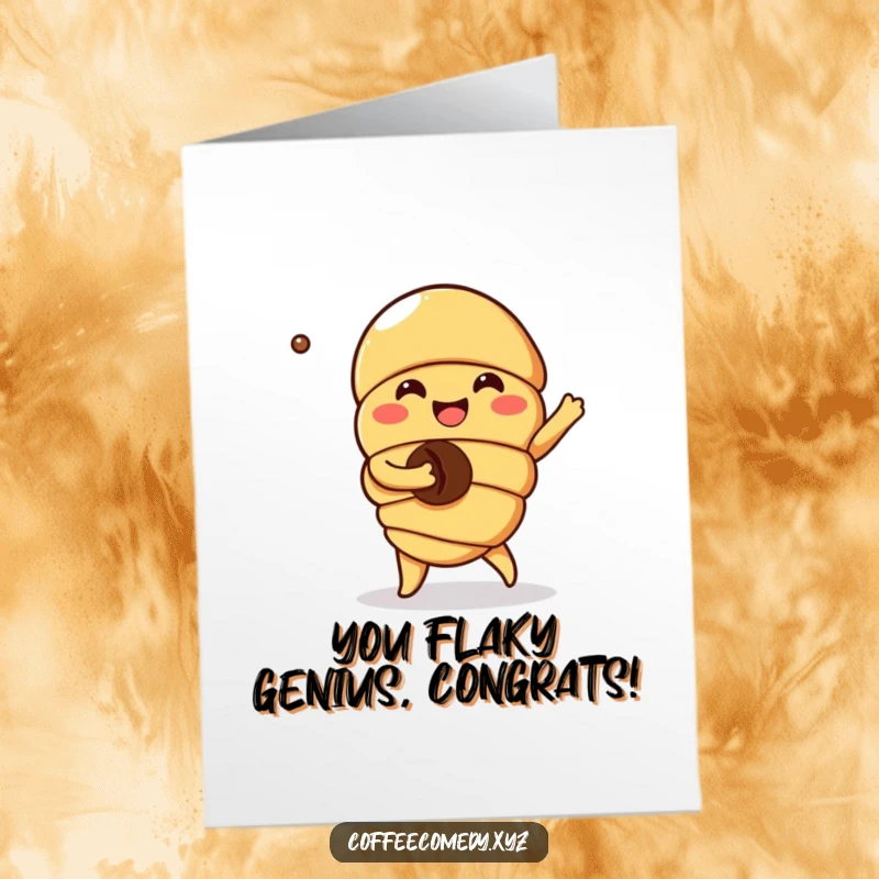 Funny Free Printable Kawaii croissant card celebrating a win by dancing with a coffee bean, spreading congratulations with baked goods humor, downloadable.