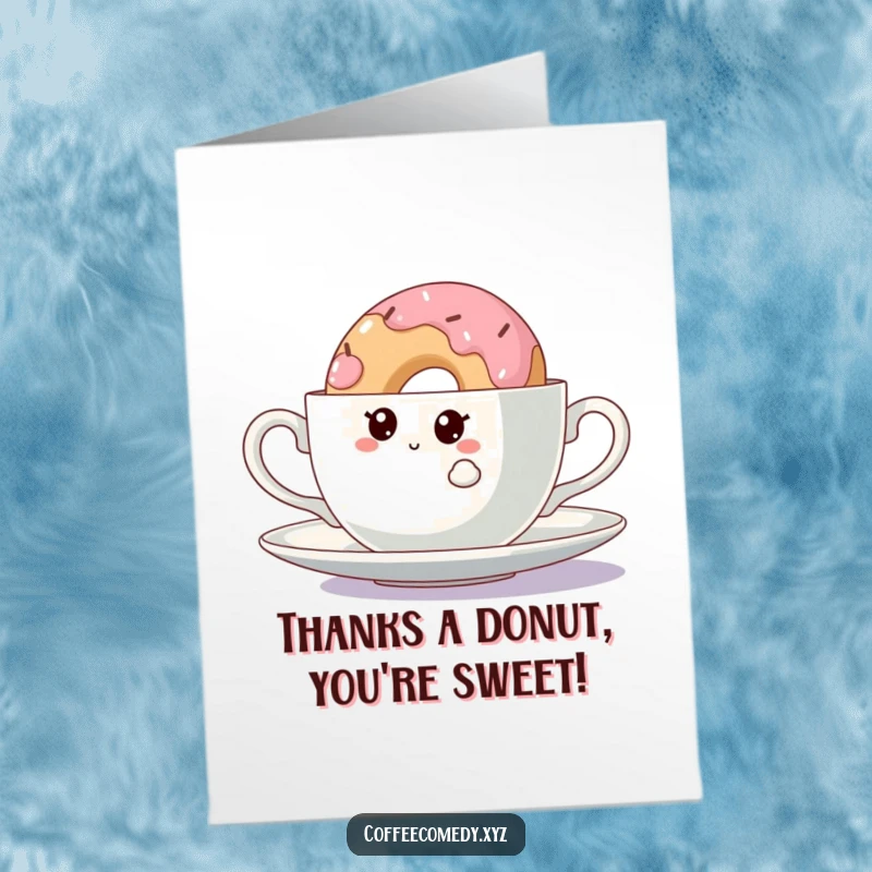 Funny Free Printable Kawaii doughnut character peeking from behind a teacup, offering thanks with a sweet and curious expression, downloadable.