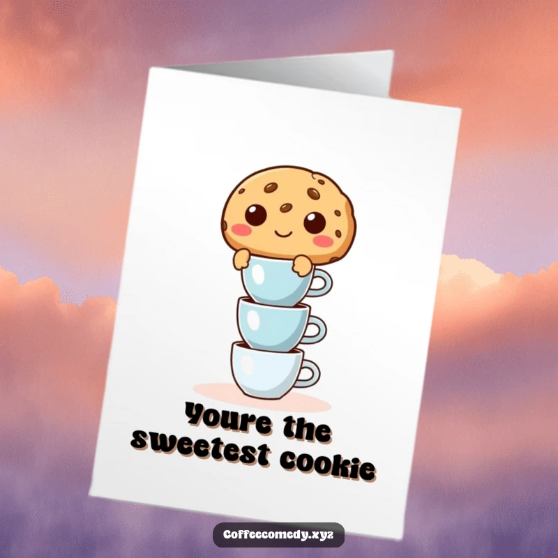 Funny Free Printable Thank You Card: A mischievous cookie character precariously holds tiny espresso cups, offering thanks with a wink.