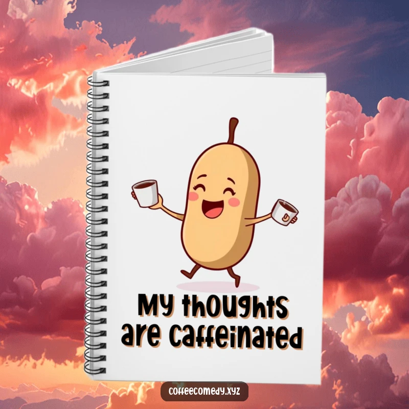 Funny Kawaii coffee bean juggling steaming coffee cups on a notebook cover. A humorous and inspiring tool for jotting down ideas.