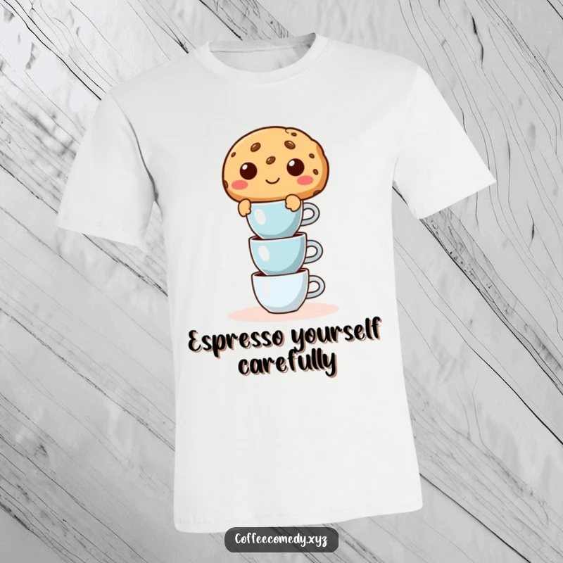 Funny t-shirt with a mischievous cookie character expertly balancing a tall stack of tiny espresso cups, ideal for baristas.
