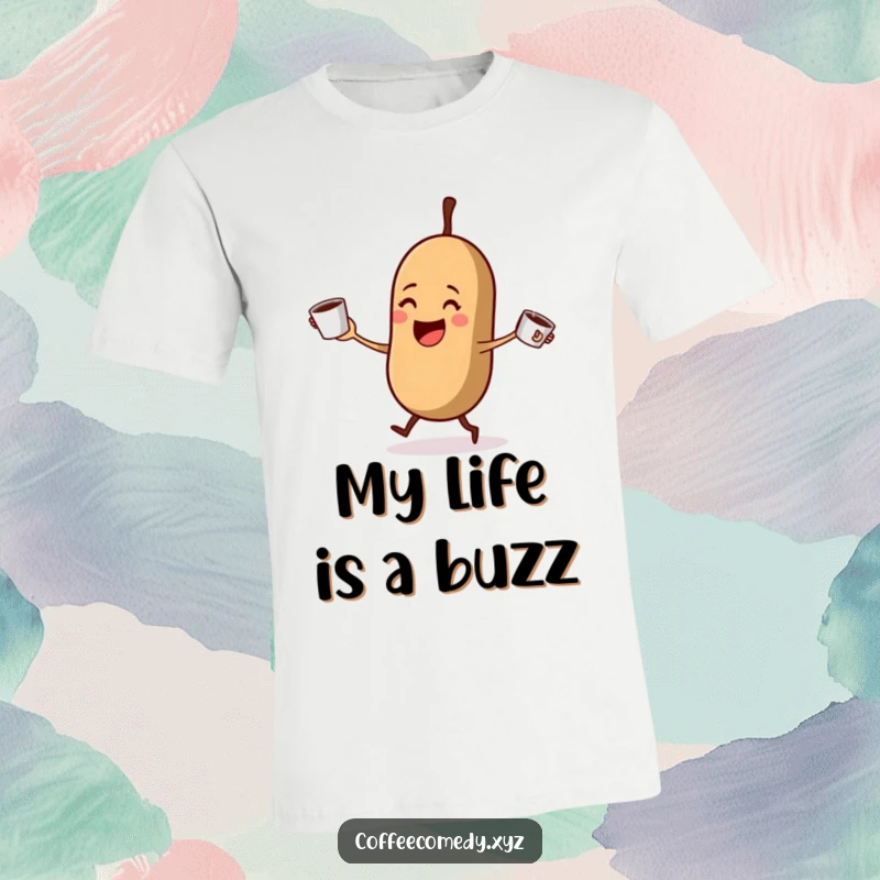 Funny Kawaii coffee bean character joyfully juggling three steaming coffee cups on a t-shirt. Humorous apparel for coffee lovers.