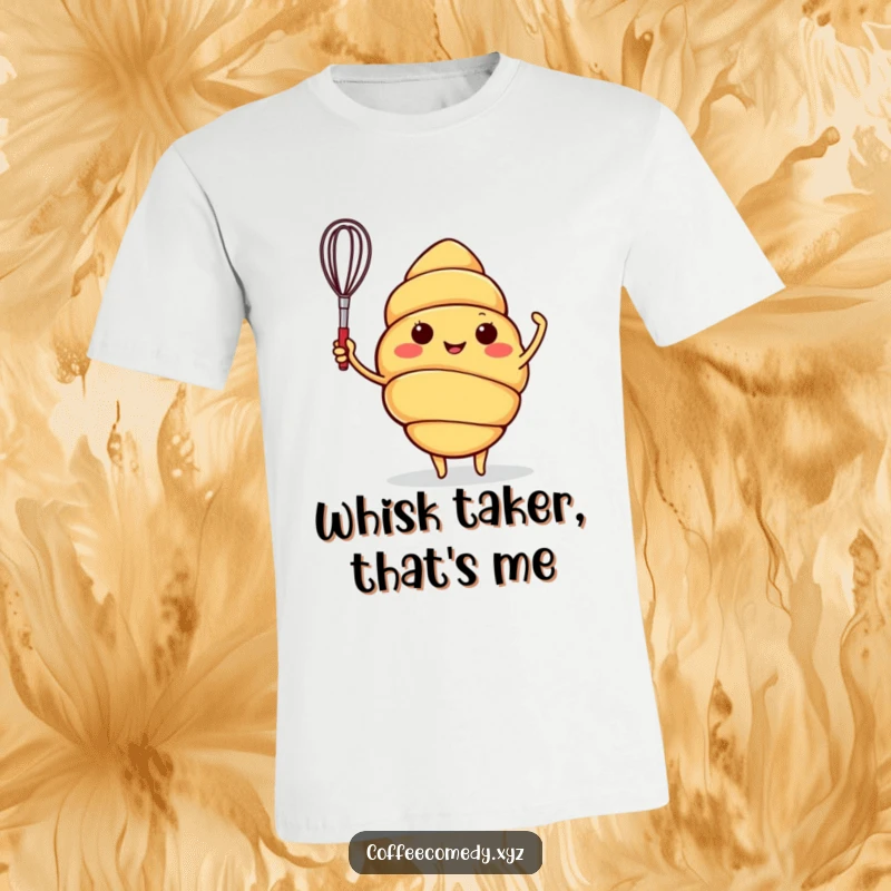 Funny t-shirt featuring a happy croissant character enthusiastically waving a miniature whisk, perfect for bakers and coffee lovers.