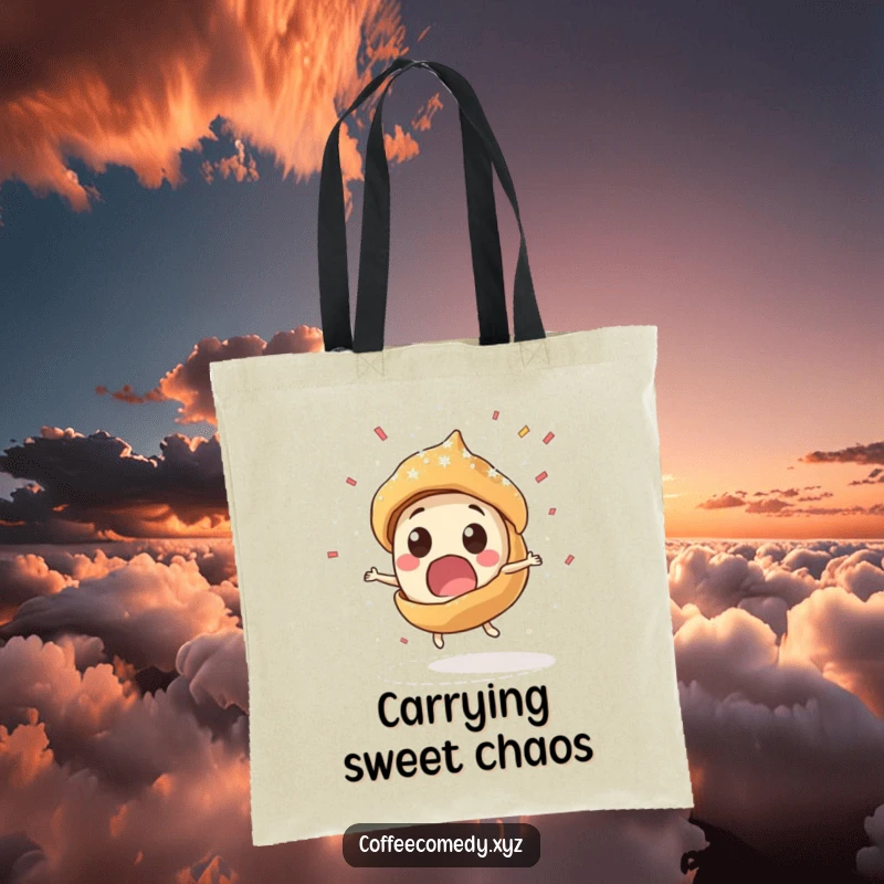 Funny Kawaii pastry character spinning rapidly, spilling powdered sugar like confetti on a tote bag. A humorous and practical accessory.