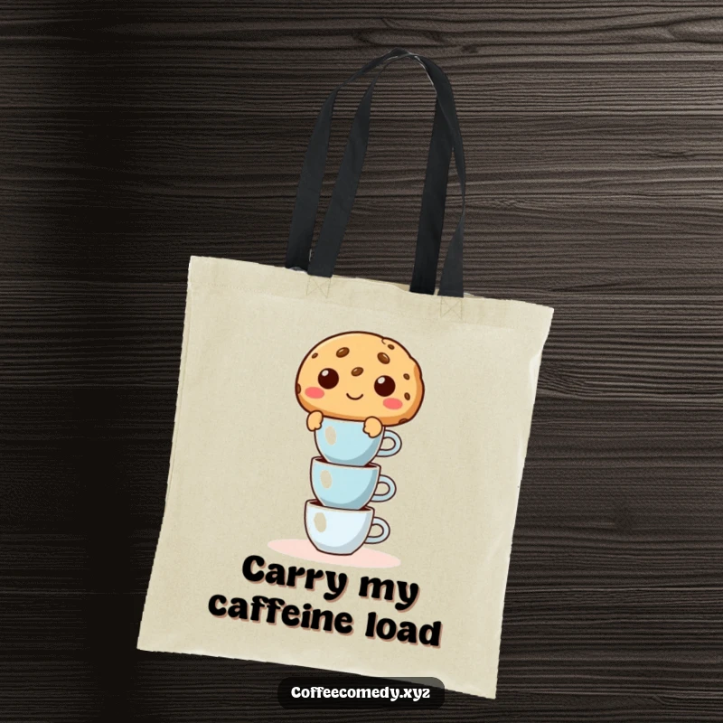 Funny tote bag featuring a mischievous cookie character balancing a stack of small espresso cups, great for coffee runs.