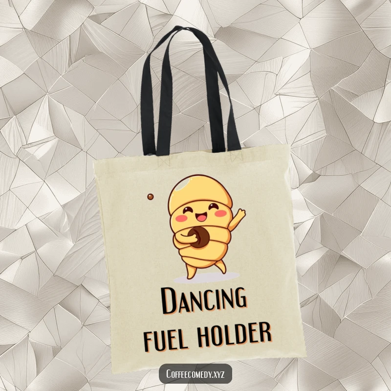 Funny Kawaii Croissant Tote Bag: A joyful character dancing with a coffee bean, perfect for carrying groceries with breakfast humor.